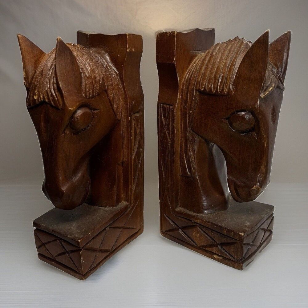 Vintage 1970 Made in Philipines Wood Brown Carved Horse Head Bookends Book Ends